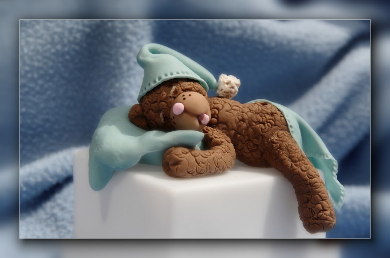 ourson endormi sur son oreiller en porcelaine froide et collé sur une veilleuse carrée