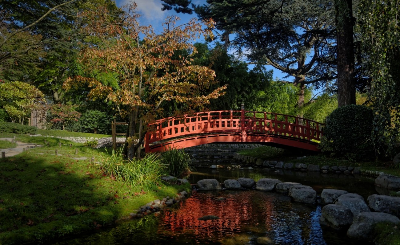 Pont japonais, jardin japonais Albert Kahn, Boulogne, reflets,