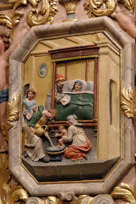 Panneau gauche du retable de la Passion : Nativité de la Vierge Marie église Notre Dame Lampaul Guimiliau